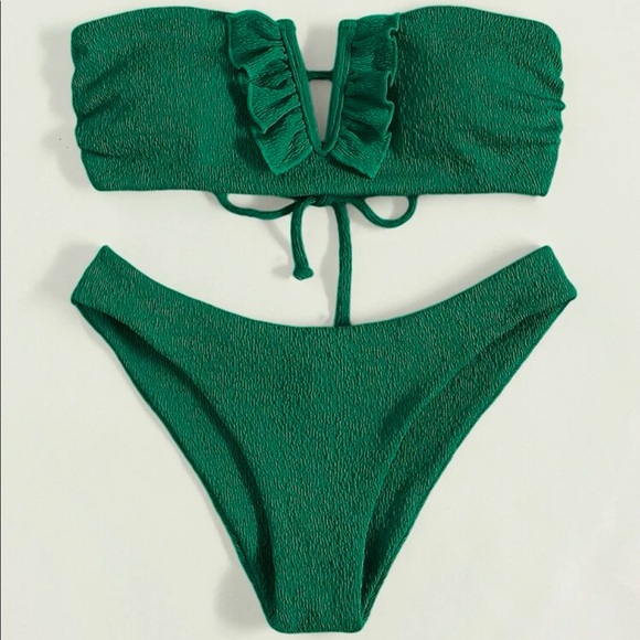 Sexy Green Ruffles V Neck Crisscross tie back Cheeky Bikini Swimwear Beach - Picture 3 of 5
